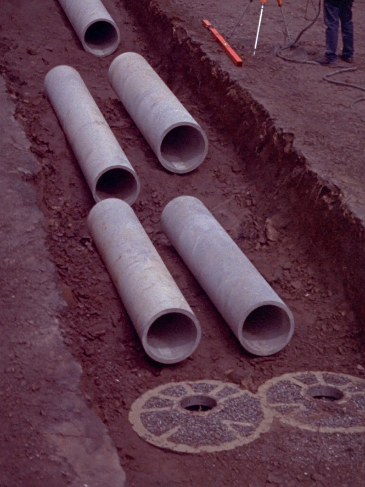 Storm drainage pipe laying with manhole construction